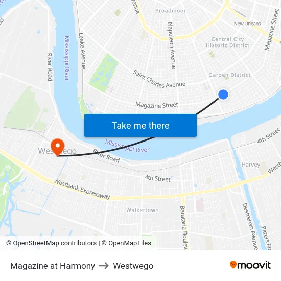 Magazine at Harmony to Westwego map