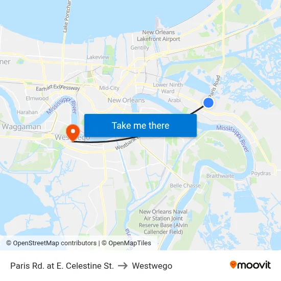 Paris Rd. at E. Celestine St. to Westwego map