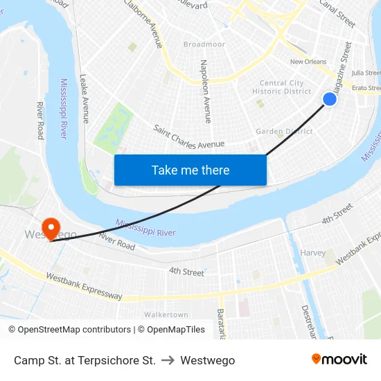 Camp St. at Terpsichore St. to Westwego map