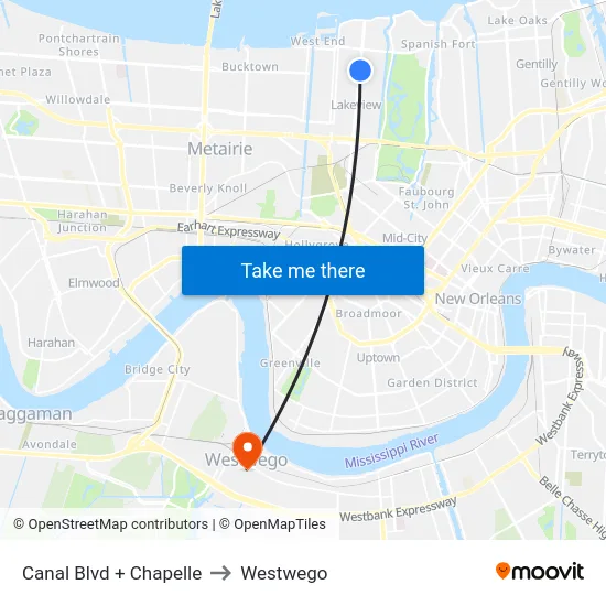 Canal Blvd + Chapelle to Westwego map