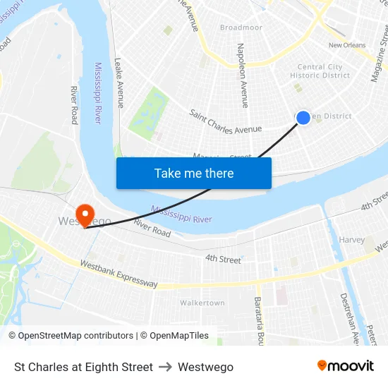 St Charles at Eighth Street to Westwego map