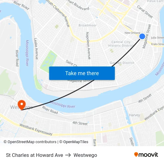 St Charles at Howard Ave to Westwego map