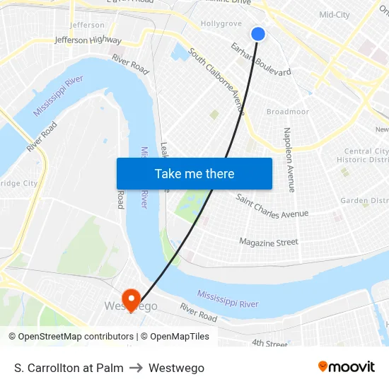 S. Carrollton at Palm to Westwego map