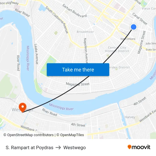 S. Rampart at Poydras to Westwego map