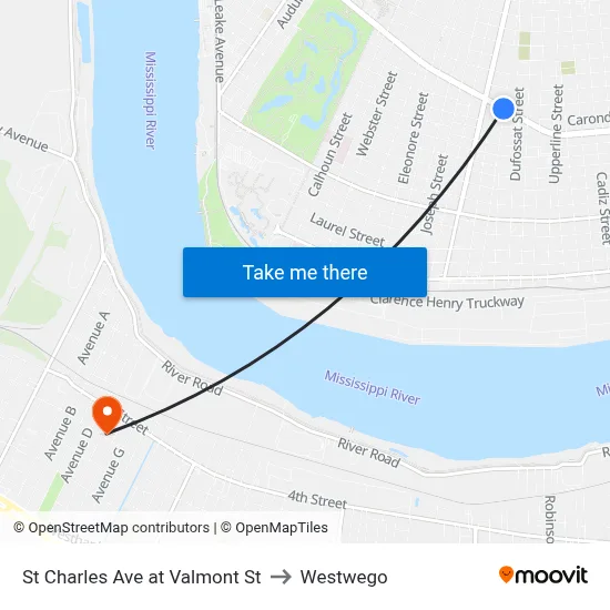 St Charles Ave at Valmont St to Westwego map