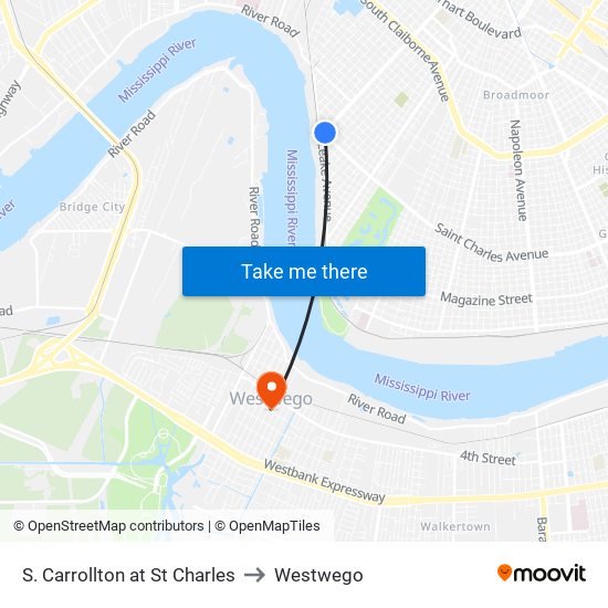S. Carrollton at St Charles to Westwego map