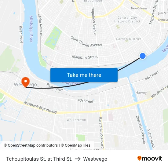 Tchoupitoulas St. at Third St. to Westwego map