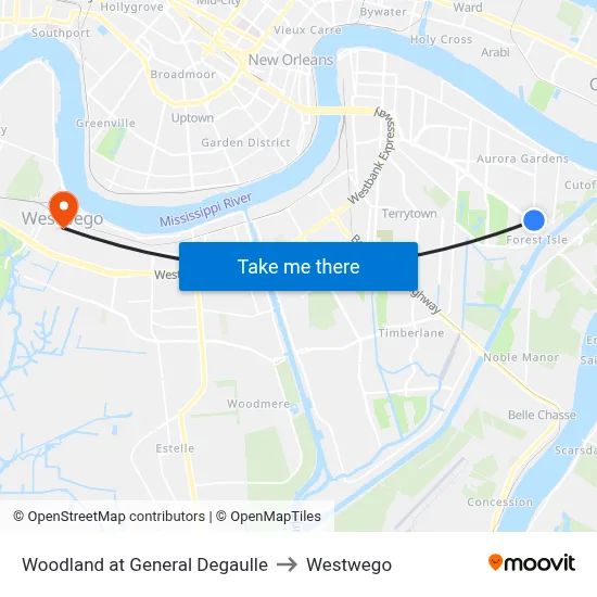 Woodland at General Degaulle to Westwego map