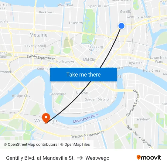 Gentilly Blvd. at Mandeville St. to Westwego map