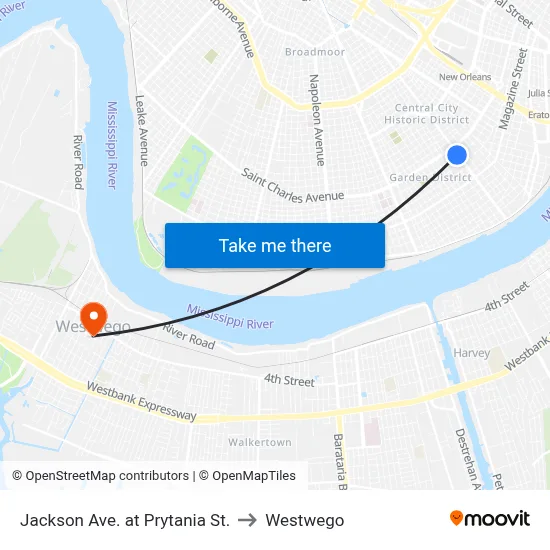 Jackson Ave. at Prytania St. to Westwego map