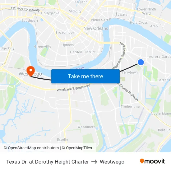 Texas Dr. at Dorothy Height Charter to Westwego map