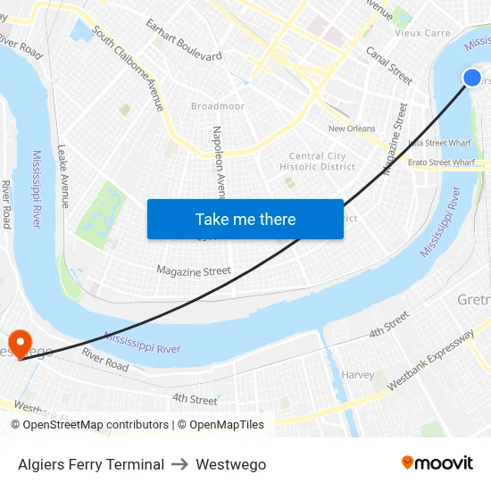 Algiers Ferry Terminal to Westwego map