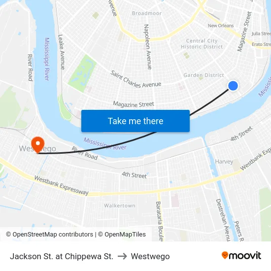 Jackson St. at Chippewa St. to Westwego map