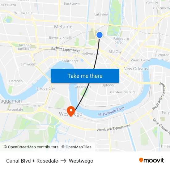 Canal Blvd + Rosedale to Westwego map