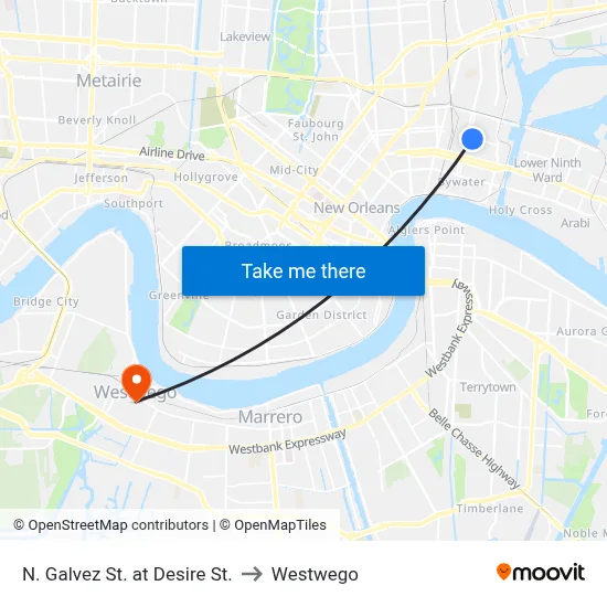 N. Galvez St. at Desire St. to Westwego map