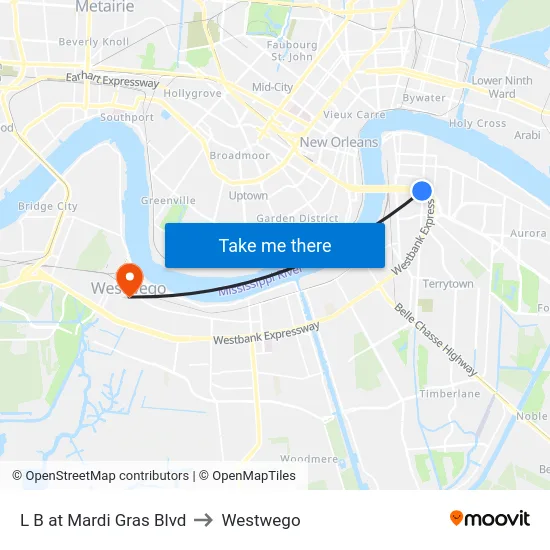 L B at Mardi Gras Blvd to Westwego map
