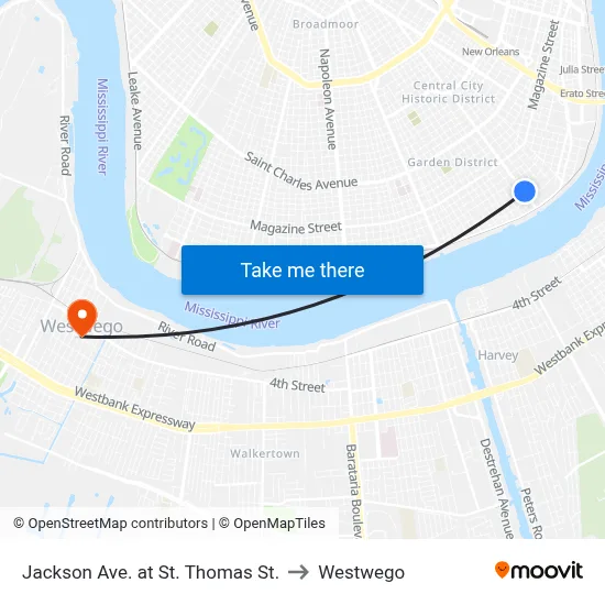 Jackson Ave. at St. Thomas St. to Westwego map