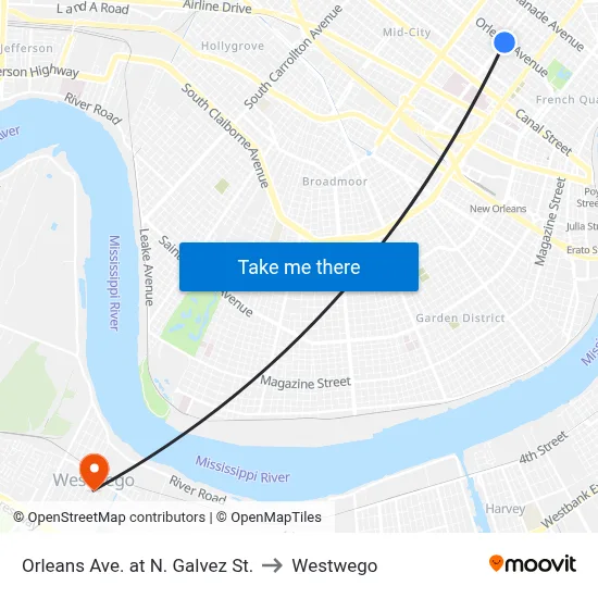 Orleans Ave. at N. Galvez St. to Westwego map