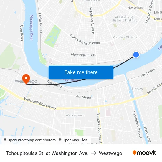 Tchoupitoulas St. at Washington Ave. to Westwego map