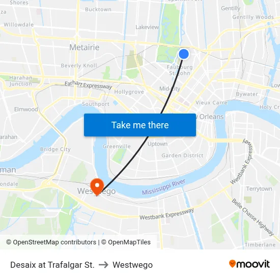 Desaix at Trafalgar St. to Westwego map