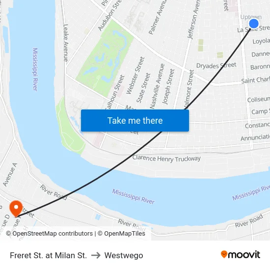 Freret St. at Milan St. to Westwego map