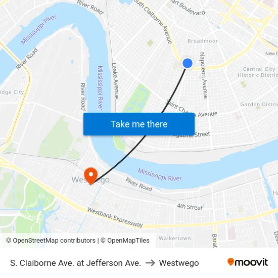 S. Claiborne Ave. at Jefferson Ave. to Westwego map