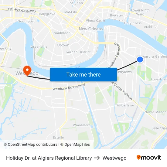 Holiday Dr. at Algiers Regional Library to Westwego map
