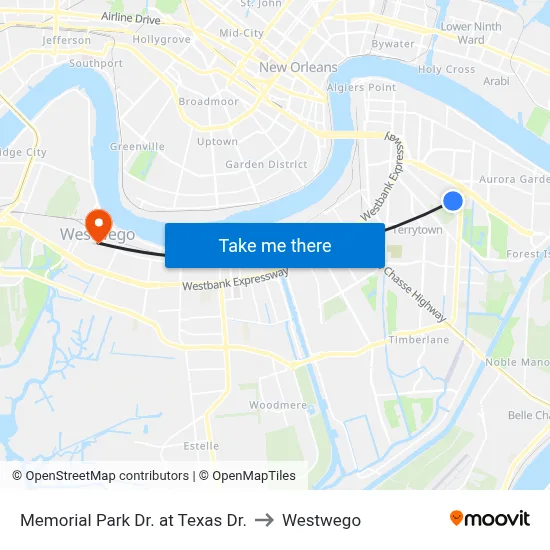 Memorial Park Dr. at Texas Dr. to Westwego map