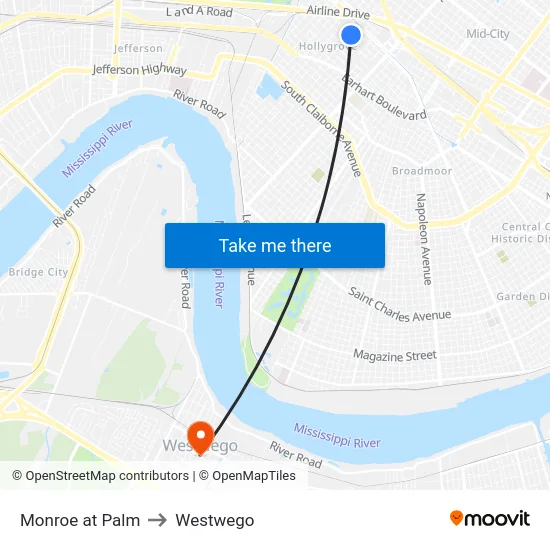 Monroe at Palm to Westwego map