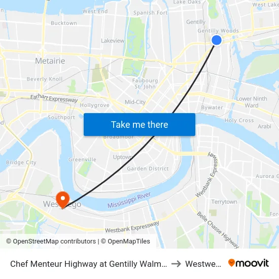 Chef Menteur Highway at Gentilly Walmart to Westwego map