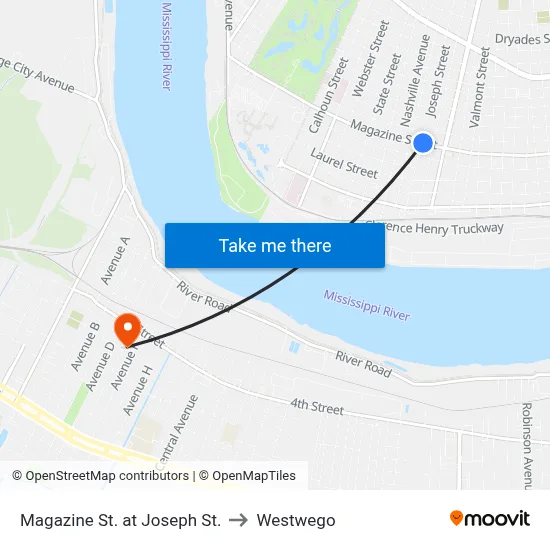 Magazine St. at Joseph St. to Westwego map