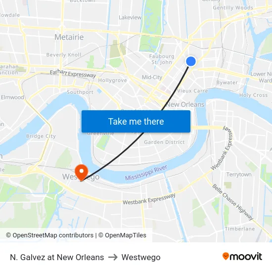 N. Galvez at New Orleans to Westwego map