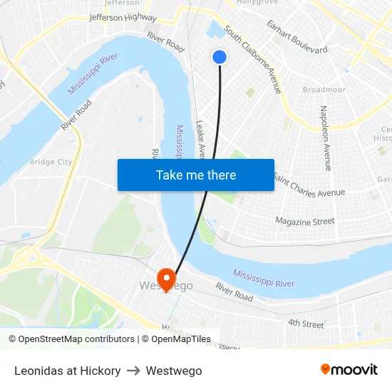 Leonidas at Hickory to Westwego map