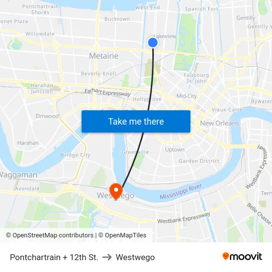 Pontchartrain + 12th St. to Westwego map