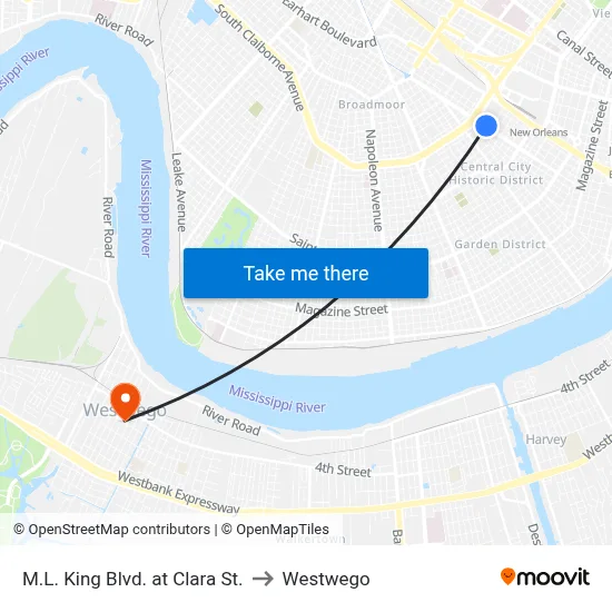 M.L. King Blvd. at Clara St. to Westwego map