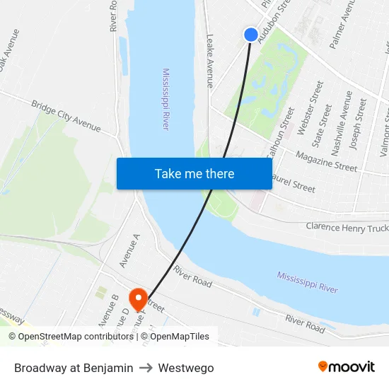 Broadway at Benjamin to Westwego map