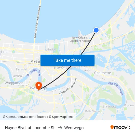 Hayne Blvd. at Lacombe St. to Westwego map