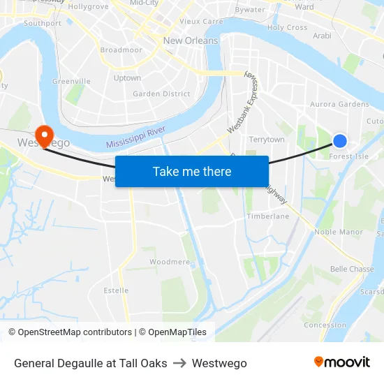 General Degaulle at Tall Oaks to Westwego map