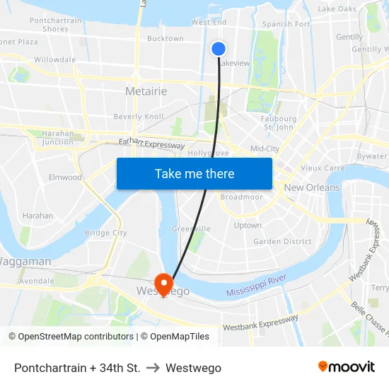 Pontchartrain + 34th St. to Westwego map