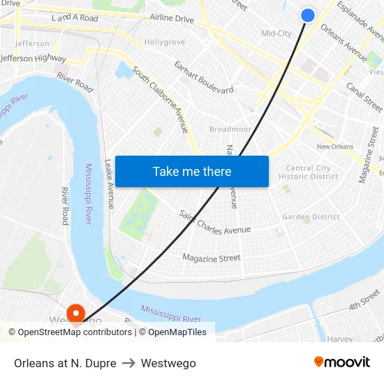 Orleans at N. Dupre to Westwego map