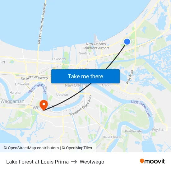 Lake Forest at Louis Prima to Westwego map