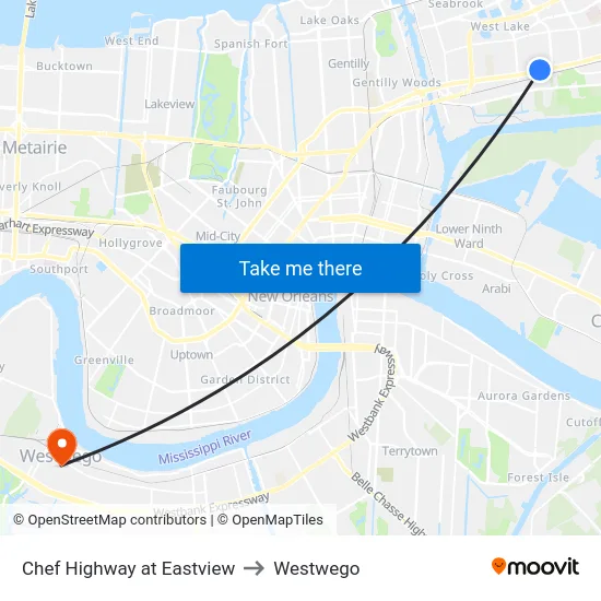 Chef Highway at Eastview to Westwego map