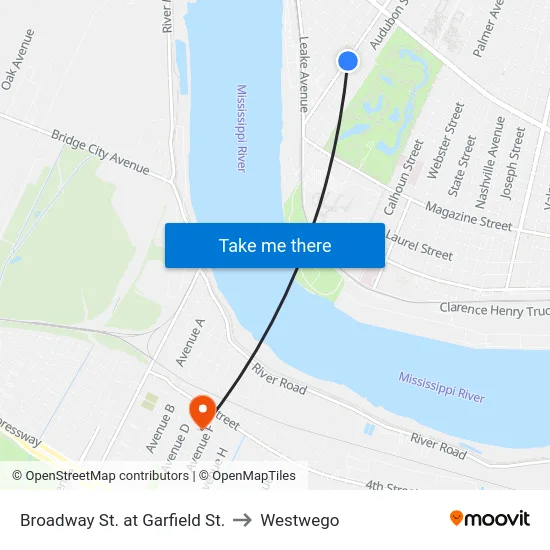 Broadway St. at Garfield St. to Westwego map