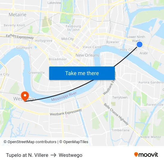 Tupelo at N. Villere to Westwego map