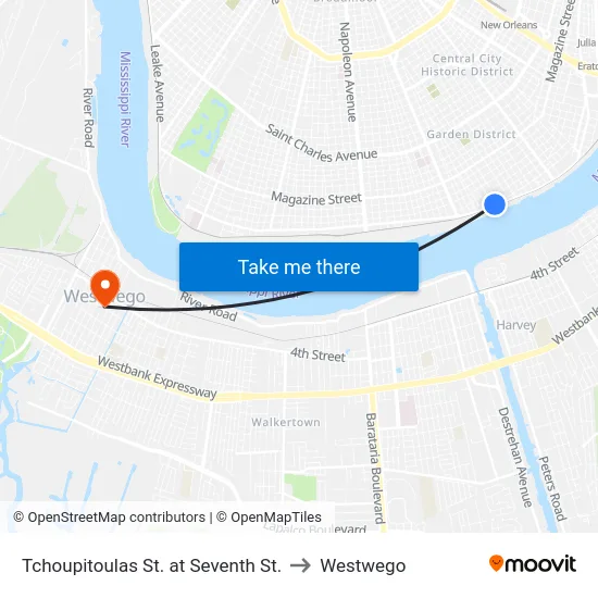 Tchoupitoulas St. at Seventh St. to Westwego map