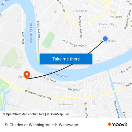 St Charles at Washington to Westwego map