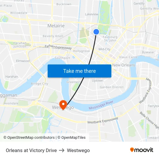 Orleans at Victory Drive to Westwego map