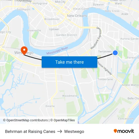 Behrman at Raising Canes to Westwego map