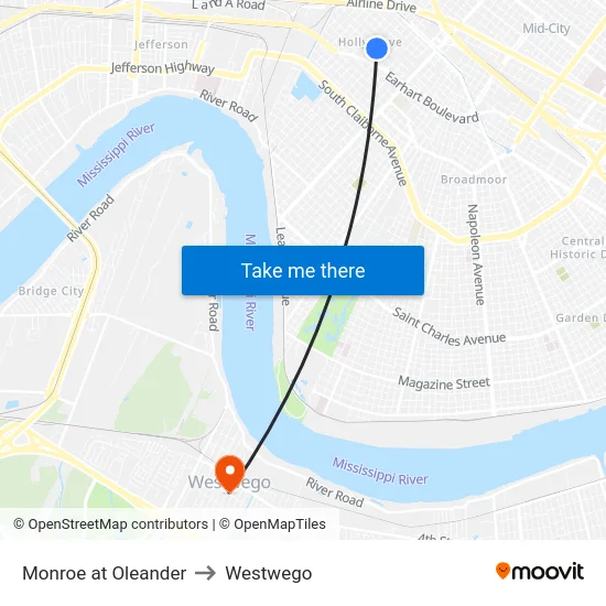 Monroe at Oleander to Westwego map