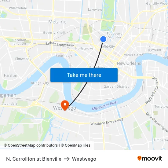 N. Carrollton at Bienville to Westwego map